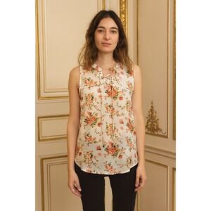Floral Lace-Up Blouse Sleeveless Peach‎ Rose Print Casual Tank Top